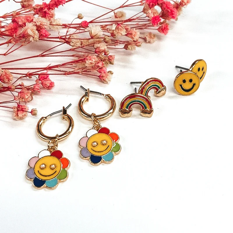 Women’s beach earrings-Happy Rainbows Gold Earring Set