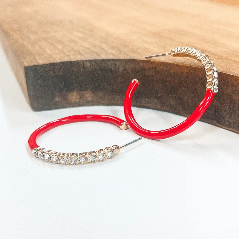 Women’s gemstone hoop earrings-Open Ended Circle Hoops with Crystals in Red