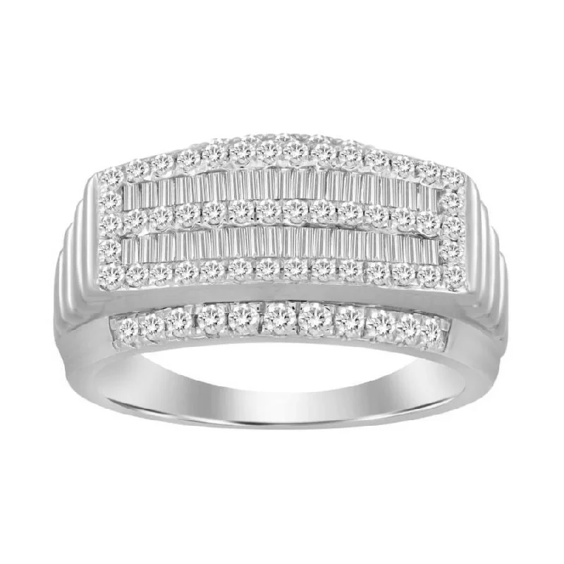 Women’s delicate gold ring-MEN'S RING 1.00CT ROUND/BAGUETTE DIAMOND 10K WHITE GOLD