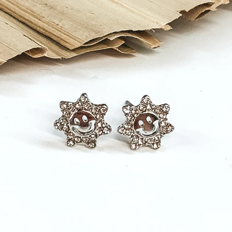 Women’s trendy earrings-Sun Shaped Happy Face Earrings with Clear Crystals in Silver Tone