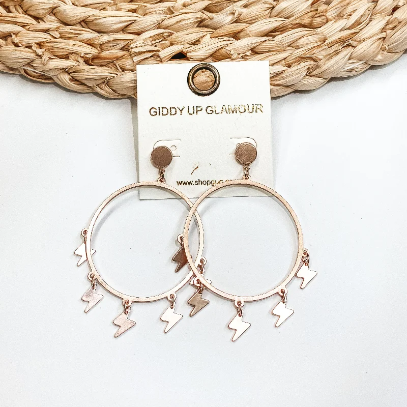 Women’s statement earrings-Hoop Post Earrings with Lightning Bolt Dangles in Rose Gold