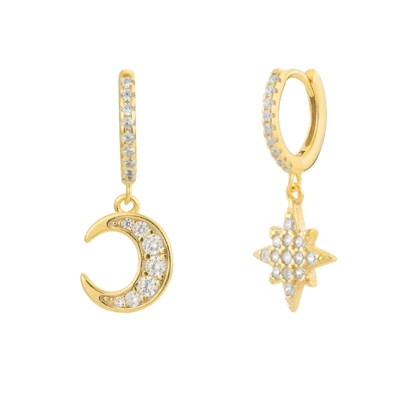 Women’s round diamond earrings-Crescent Moon & Star Crystal Dangle Hoop Earrings