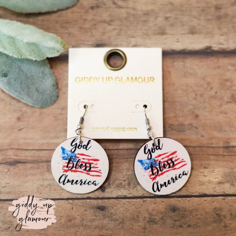 Women’s sterling silver earrings-"God Bless America" Wooden Earrings in White