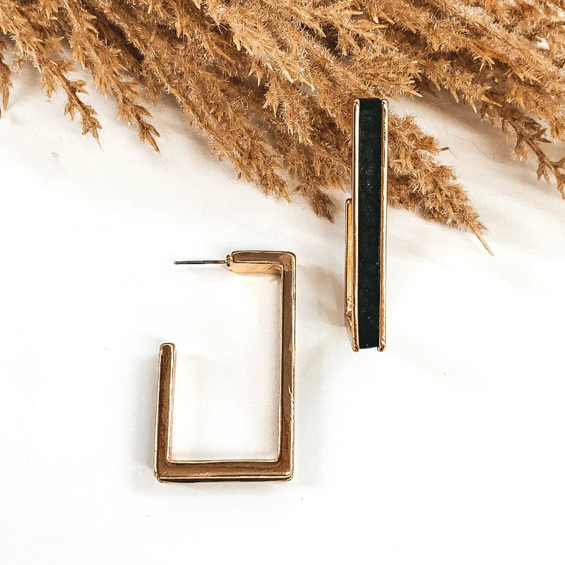 Women’s layered earrings-Gold Rectangle Hoops with Leather Inlay in Black