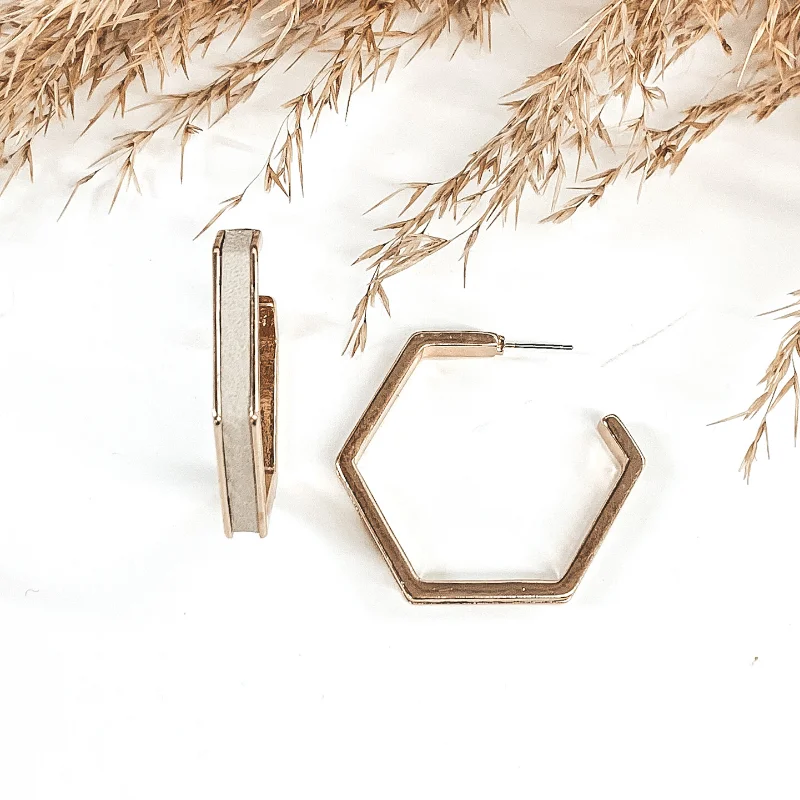 Women’s modern earrings-Gold Hexagon Hoops with Leather Inlay in Grey