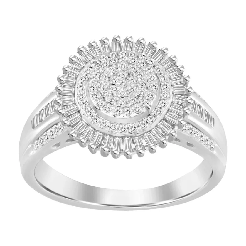 Women’s bold statement ring-LADIES RING 0.50CT ROUND/BAGUETTE DIAMOND 10K WHITE GOLD