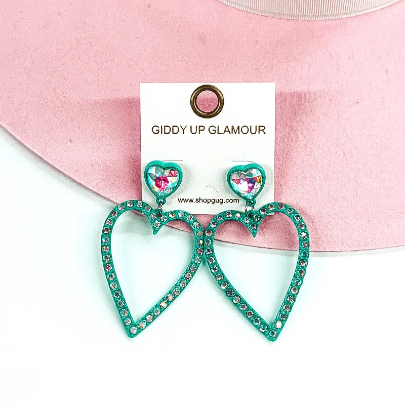 Women’s flower earrings-AB Crystal Heart Outline Earrings in Turquoise