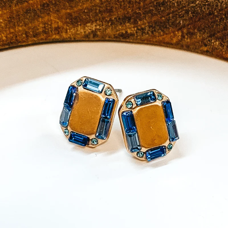 Women’s rose gold earrings-Made For Royalty Gold Rectangular Studded Earrings in Blue