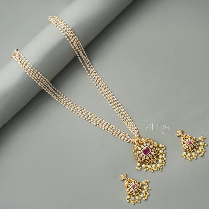 Women’s simple stud earrings-SN1011330 -  Antique Pearl Long Necklace Earrings Set