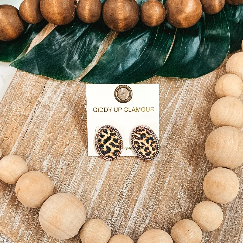 Women’s rose gold earrings-Oval Leopard Print Studs in Copper with AB Crystals