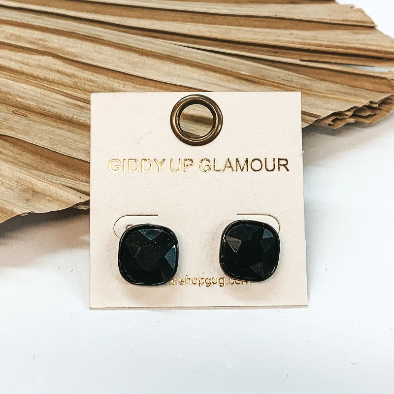 Women’s art-inspired earrings-Black Cushion Cut Crystal Stud Earrings in Black