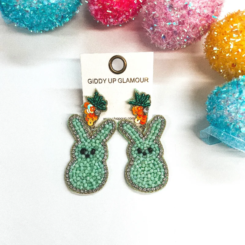 Women’s gemstone stud earrings-Hoppin' Along Beaded Carrot Post Earrings with Bunny Peep Dangle in Mint