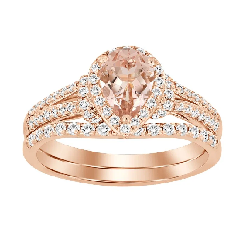 Women’s romantic ring-BRIDAL RING SET 1.10CT ROUND DIAMOND 14K MORGANITE STONE ROSE GOLD