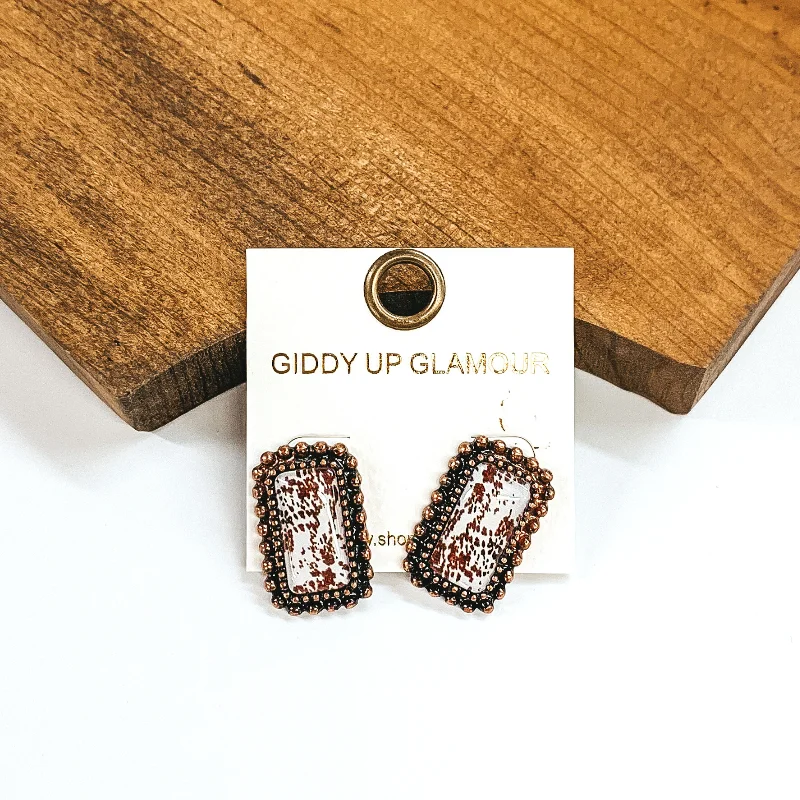 Women’s luxury fashion earrings-Copper Tone Rectangle Earrings with Brown Cow Print Print Inlay