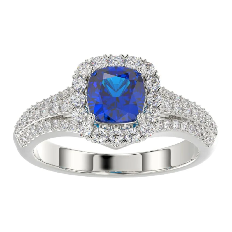 Women’s sapphire gemstone ring-LADIES RING 1.65CT ROUND/CUSHION DIAMOND 14K TANZANITE STONE WHITE GOLD