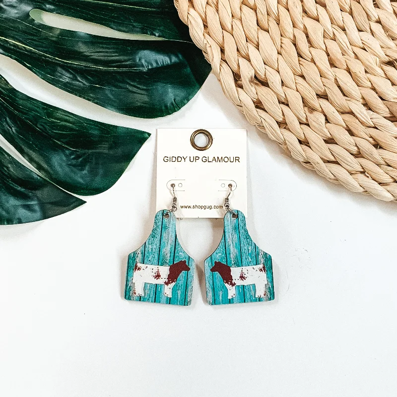 Women’s cuff earrings-Wooden Cattle Tag in Turquoise