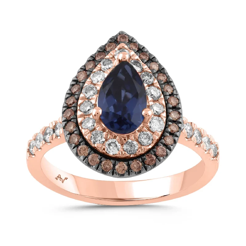 Women’s sparkling ring-LADIES RING 2.25CT ROUND/DARK BROWN/PEAR DIAMOND 14K ROSE GOLD (CENTER STONE PEAR SAPPHIRE DIAMOND-1.50CT)