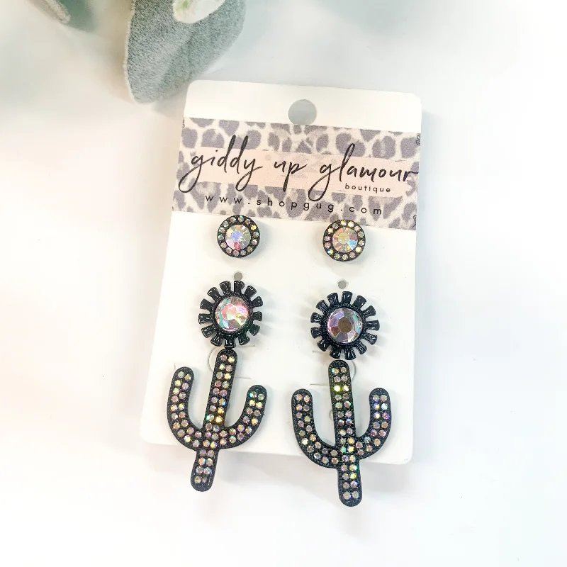 Women’s chandelier earrings-Set of Three | Cactus Stud Earring Set with AB Crystals in Black