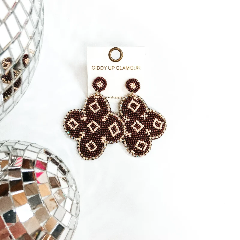 Women’s personalized earrings-Designer Lifestyle Seedbead Quatrefoil Earrings in Brown