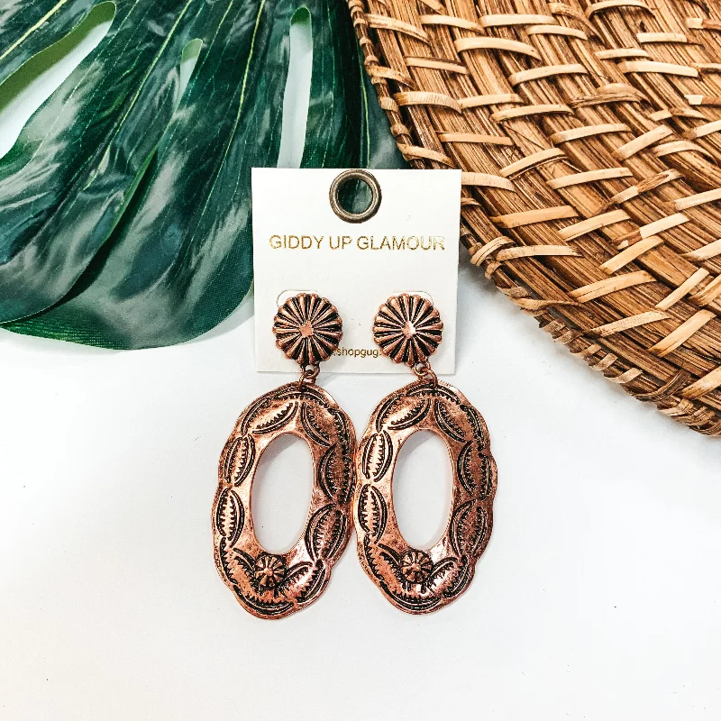 Women’s classic gold earrings-Oval Cutout Concho Post Earrings in Copper Tone