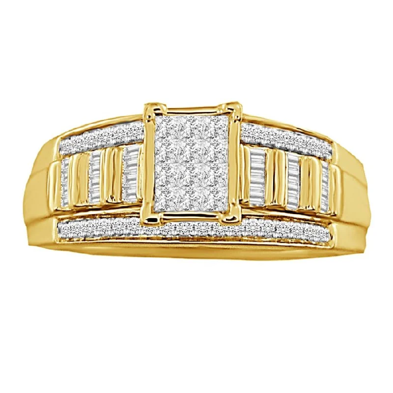 Women’s engraved ring-LADIES RING 0.50CT ROUND/BAGUETTE/PRINCESS DIAMOND 10K YELLOW GOLD