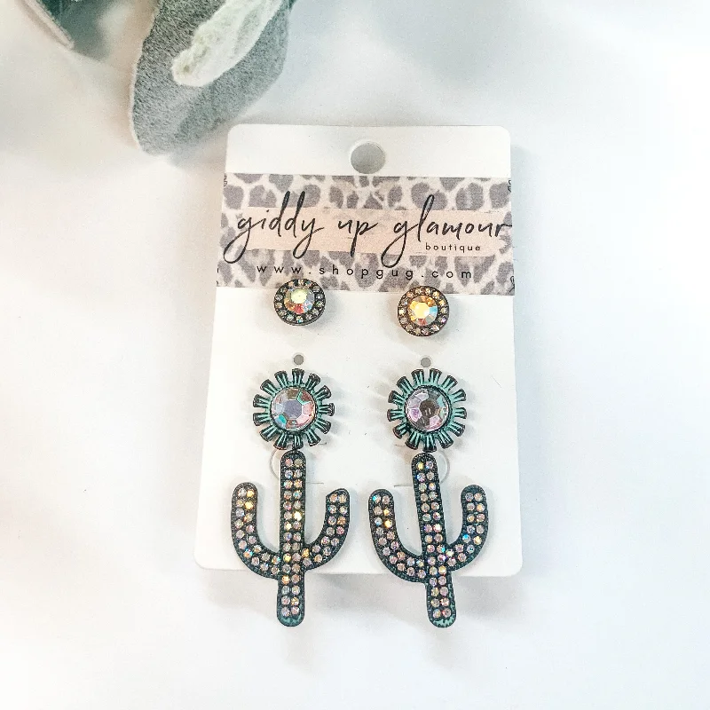 Women’s heart-shaped earrings-Set of Three | Cactus Stud Earring Set with AB Crystals in Patina Turquoise