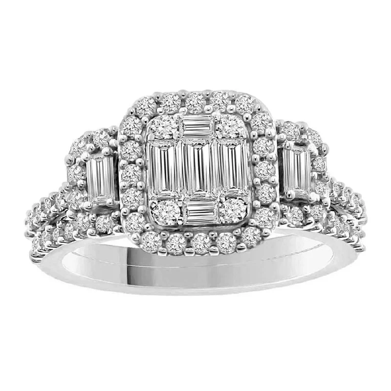 Women’s contemporary engagement ring-LADIES BIRDAL RING 1.25CT ROUND/BAGUETTE DIAMOND 14K WHITE GOLD