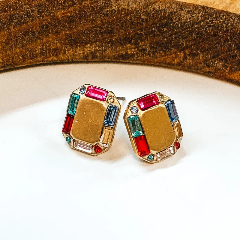 Women’s engraved earrings-Made For Royalty Gold Rectangular Studded Earrings in Multicolor