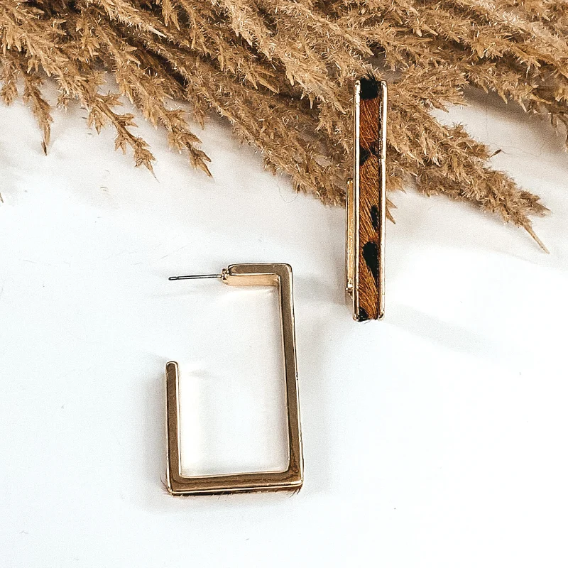 Women’s chic earrings-Gold Rectangle Hoops with Cow Hide Inlay in Brown Leopard Print