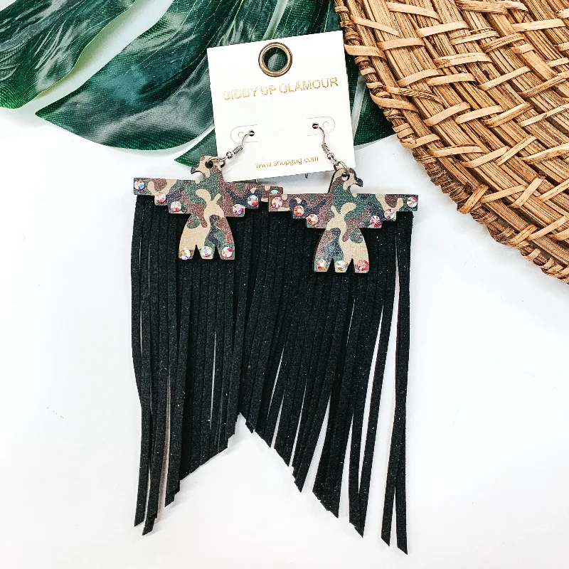 Women’s fashion-forward earrings-Camo Thunderbird Wood Earrings with Black Tassels