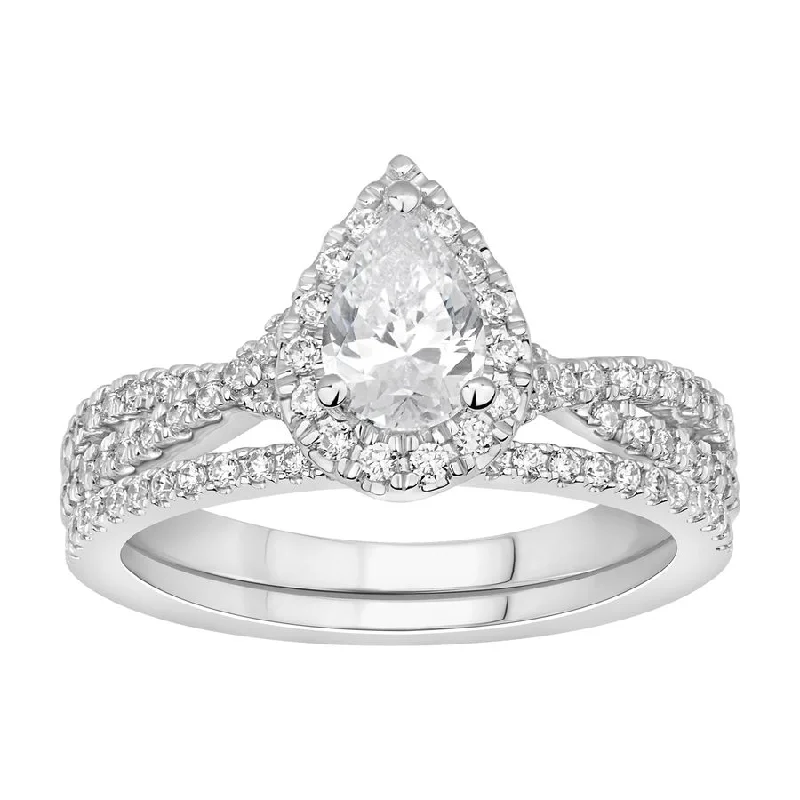 Women’s antique diamond ring-LADIES BRIDAL RING SET 1 CT ROUND/PEAR DIAMOND 14K WHITE GOLD(CENTER STONE 1/2)