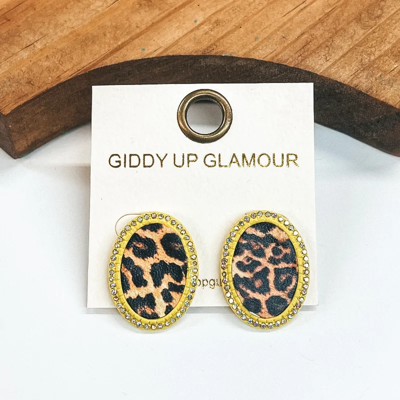 Women’s multi-stone earrings-Oval Leopard Print Studs in Neon Yellow with AB Crystals