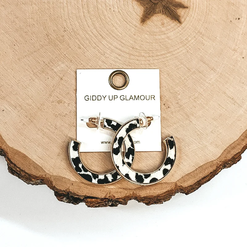 Women’s custom hoop earrings-Animal Print Gold Hoops in White/Black