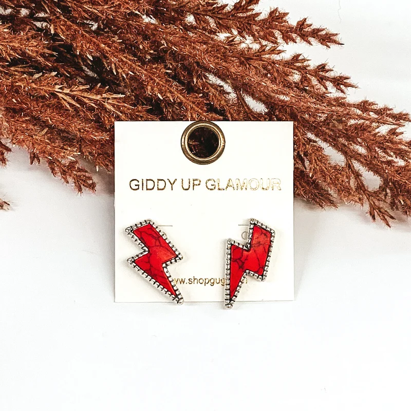 Women’s luxury fashion earrings-Lightning Bolt Stone Stud Earrings in Red