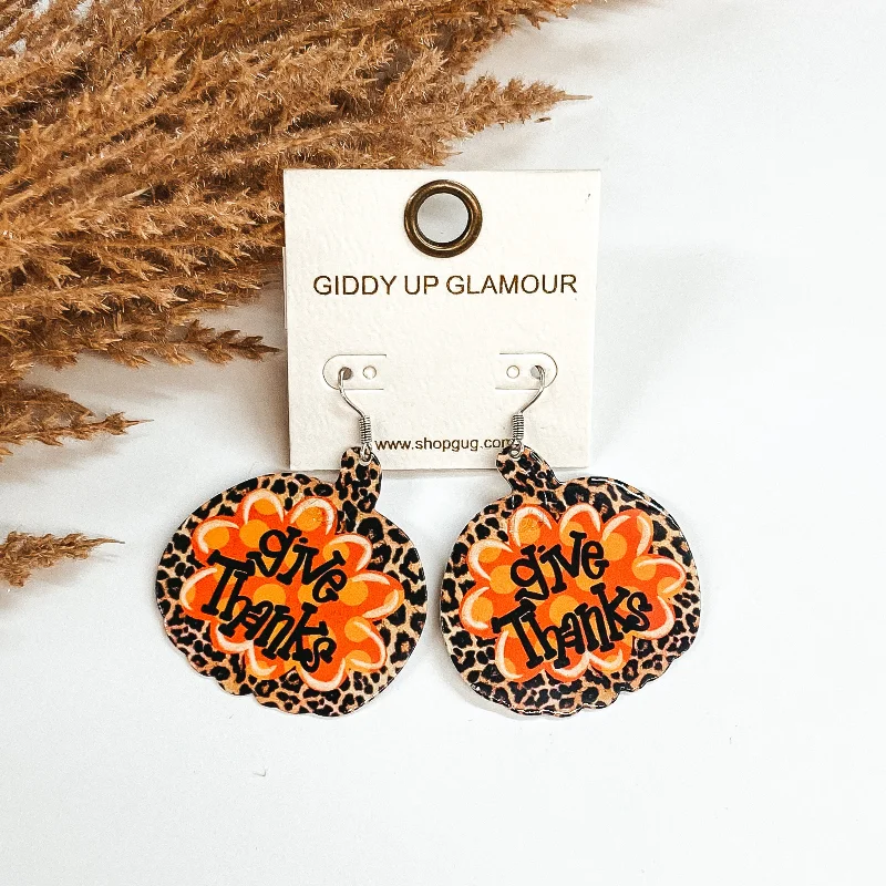 Women’s pearl drop earrings-Give Thanks Pumpkin Metal Dangle Earrings in Leopard