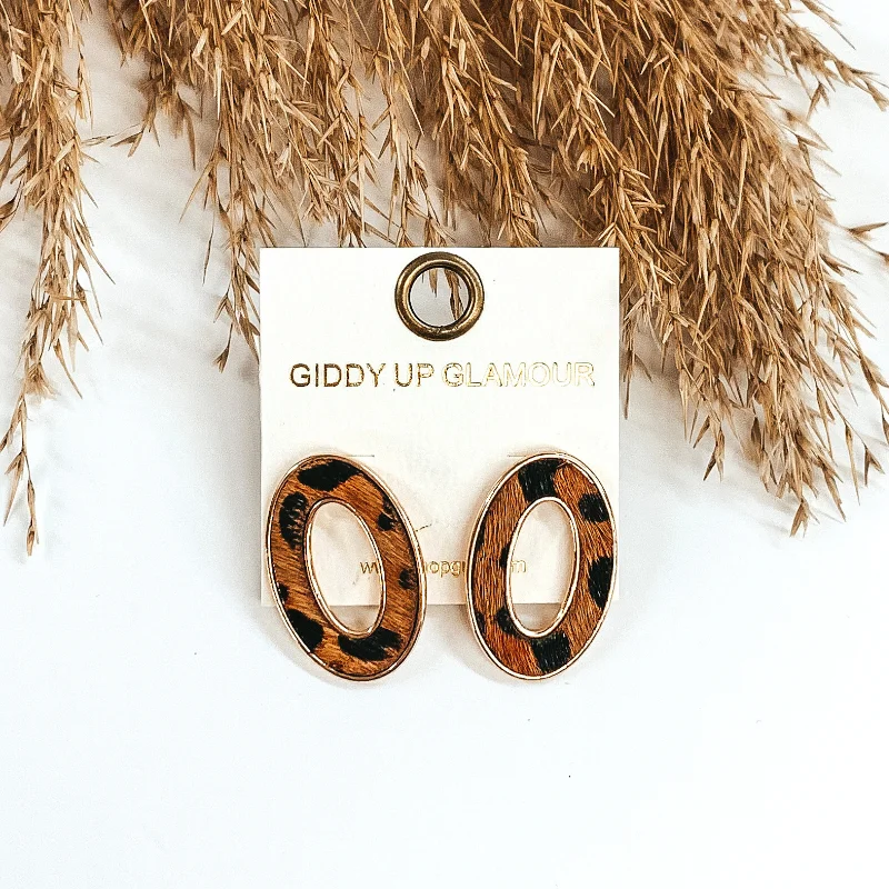 Women’s hoop earrings-Gold Open Oval Post Earrings in Brown Animal Print