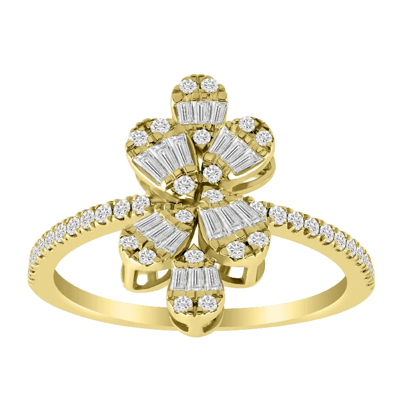 Women’s statement ring-LADIES RING 0.50CT ROUND/BAGUETTE DIAMOND 14K YELLOW GOLD