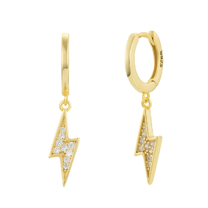 Women’s luxury fashion earrings-Golden Lighting Bolt Crystal Pave Dangle Hoop Earrings