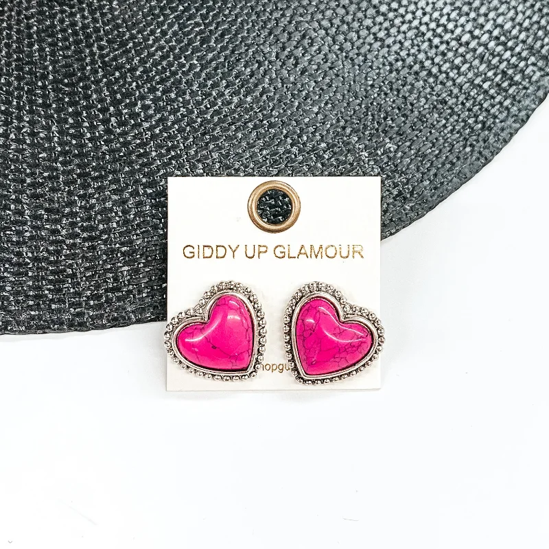 Women’s sterling silver earrings-Stone Heart Earrings in Pink