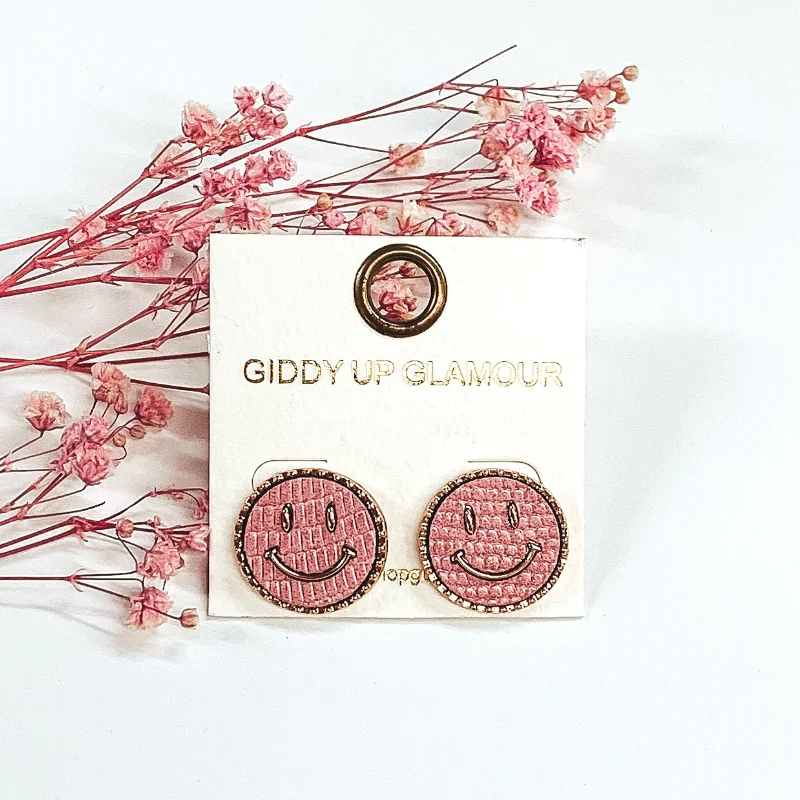 Women’s precious diamond earrings-Animal Print Circle Happy Face Earrings in Pink