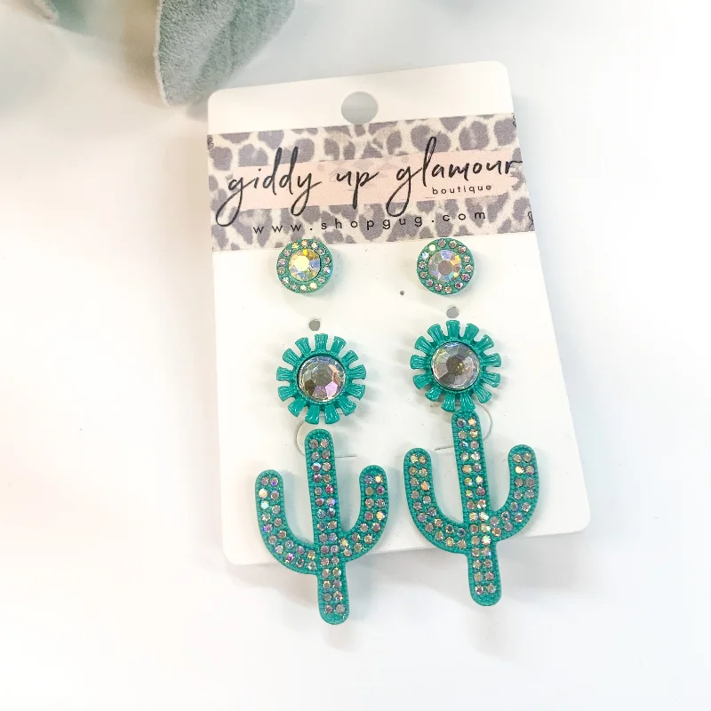 Women’s dangle earrings-Set of Three | Cactus Stud Earring Set with AB Crystals in Turquoise