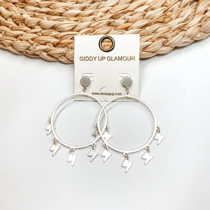 Women’s custom earrings-Hoop Post Earrings with Lightning Bolt Dangles in Silver