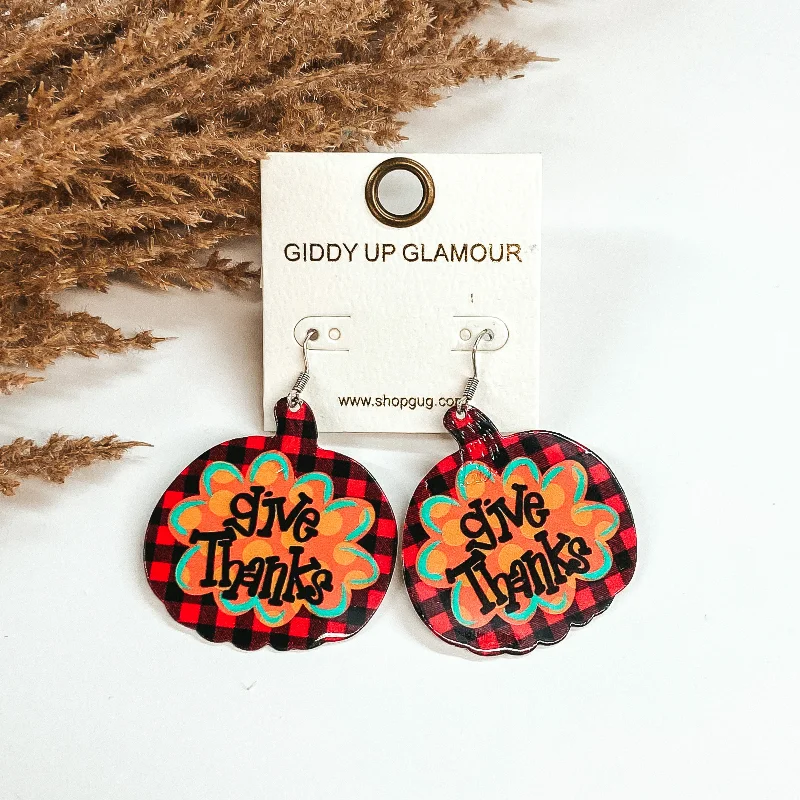 Women’s fashion earrings-Give Thanks Pumpkin Metal Dangle Earrings in Red Buffalo Plaid