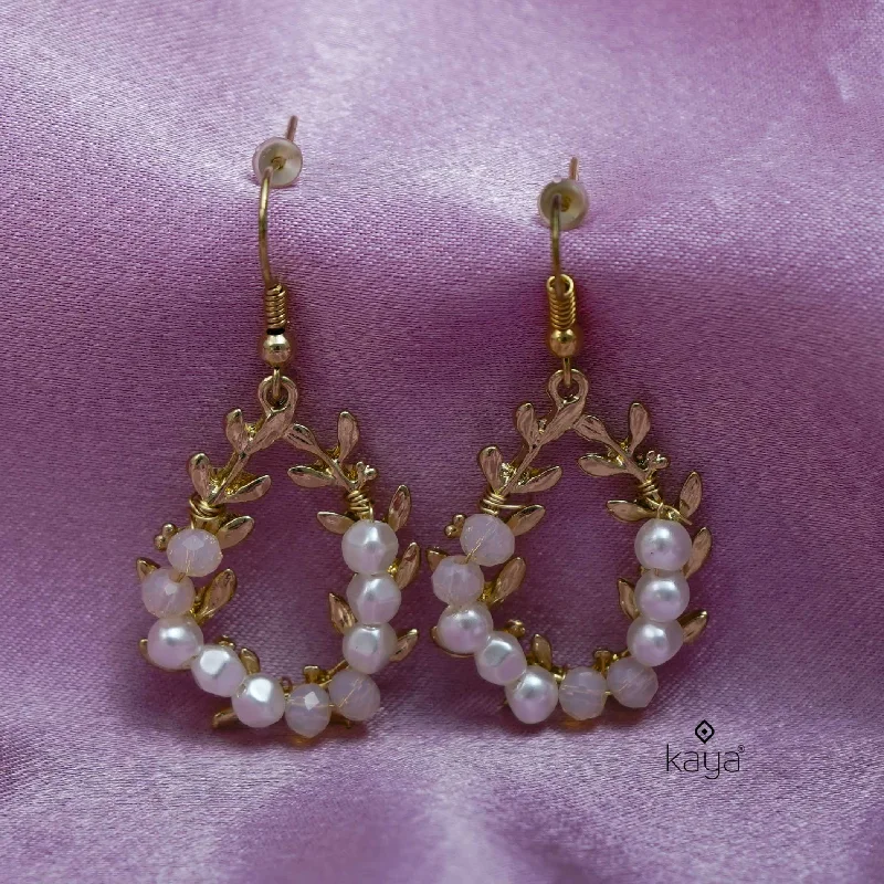 Women’s layered earrings-Leaf Design With Pearl and Beads Earrings - PT100260