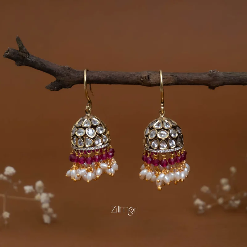 Women’s gold stud earrings-SN101915  - Polki Kundan Stone And Pearl Hoop Jhumka Earrings