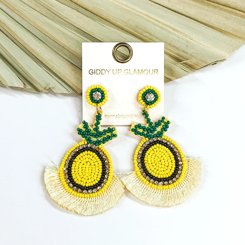 Women’s handmade earrings-Beaded Pineapple Earrings with Fringe in Yellow