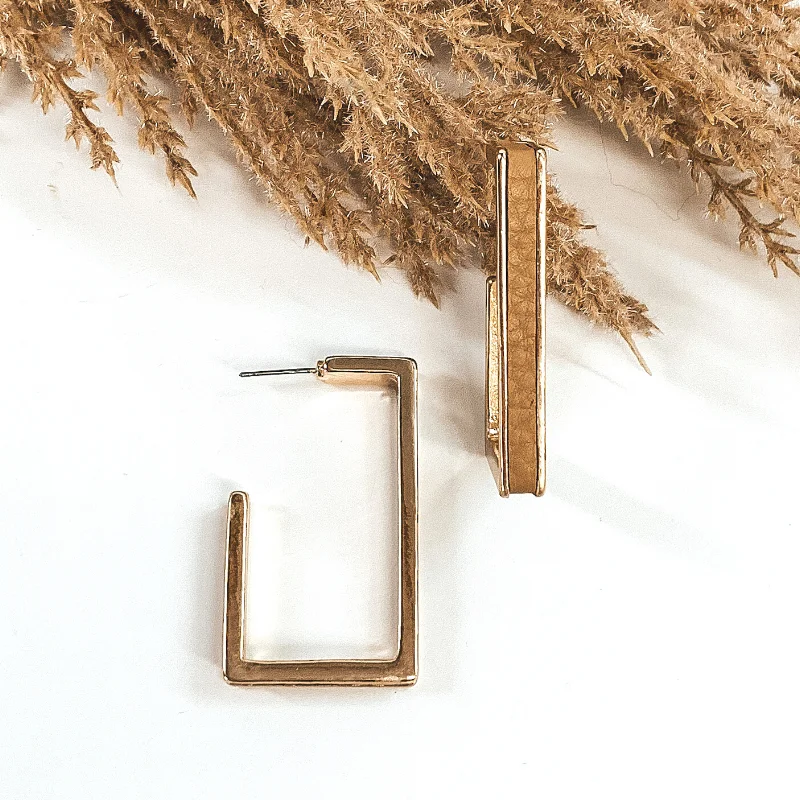 Women’s anniversary earrings-Gold Rectangle Hoops with Leather Inlay in Tan