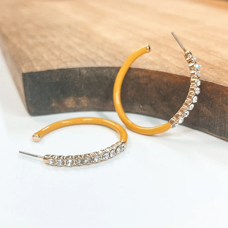 Women’s holiday earrings-Open Ended Circle Hoops with Crystals in Mustard Yellow