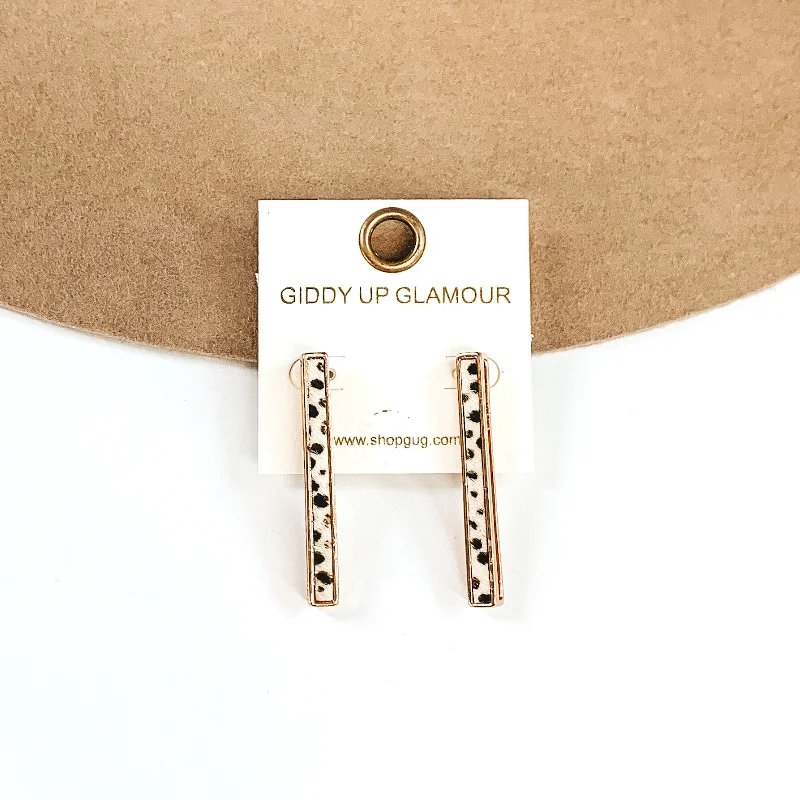 Women’s luxurious hoop earrings-Rectangle Bar Earrings with White Dotted Print Inlay in Gold