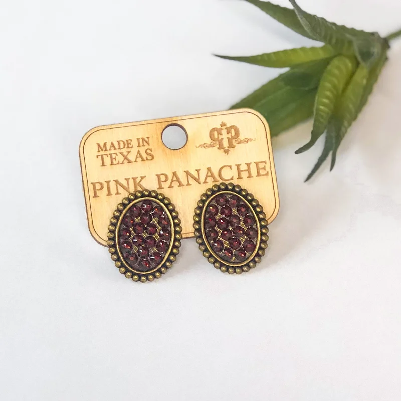 Women’s silver stud earrings-Pink Panache Mini Bronze Oval Stud Earrings with Maroon Crystals